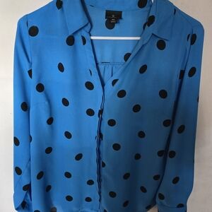 Worthington Vibrant Blue Blouse with Black Dots